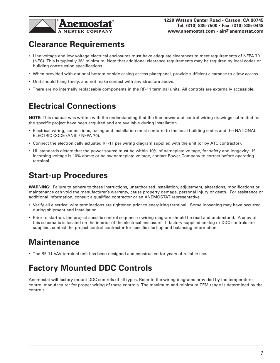 Clearance requirements, Electrical connections, Start-up procedures | Maintenance, Factory mounted ddc controls | Anemostat RF11 User Manual | Page 7 / 10