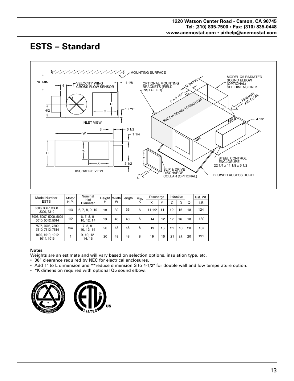 Ests – standard | Anemostat EST User Manual | Page 13 / 34