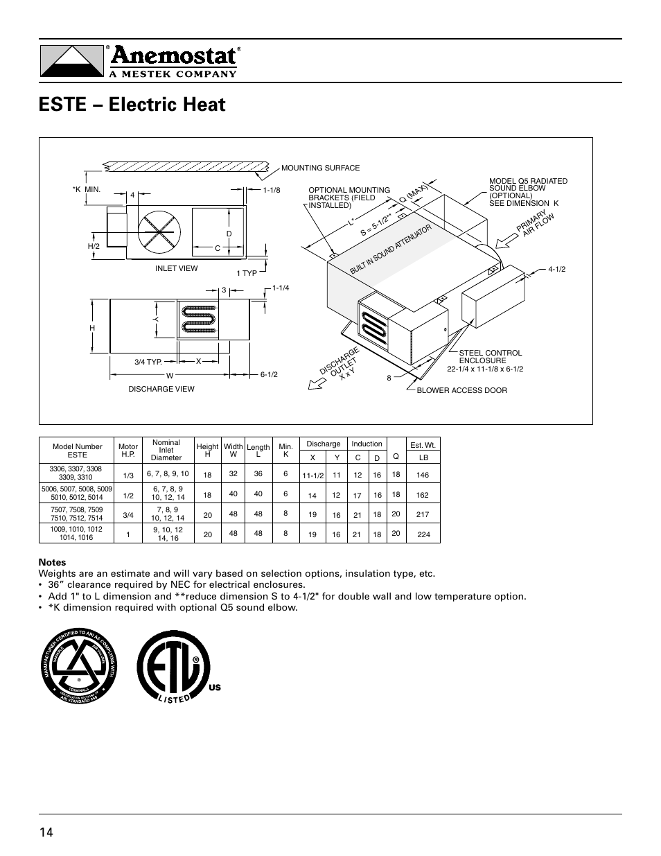 Este – electric heat | Anemostat EST User Manual | Page 14 / 34