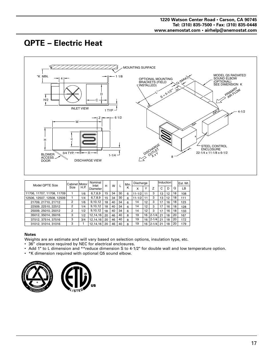 Qpte – electric heat | Anemostat EST User Manual | Page 17 / 34