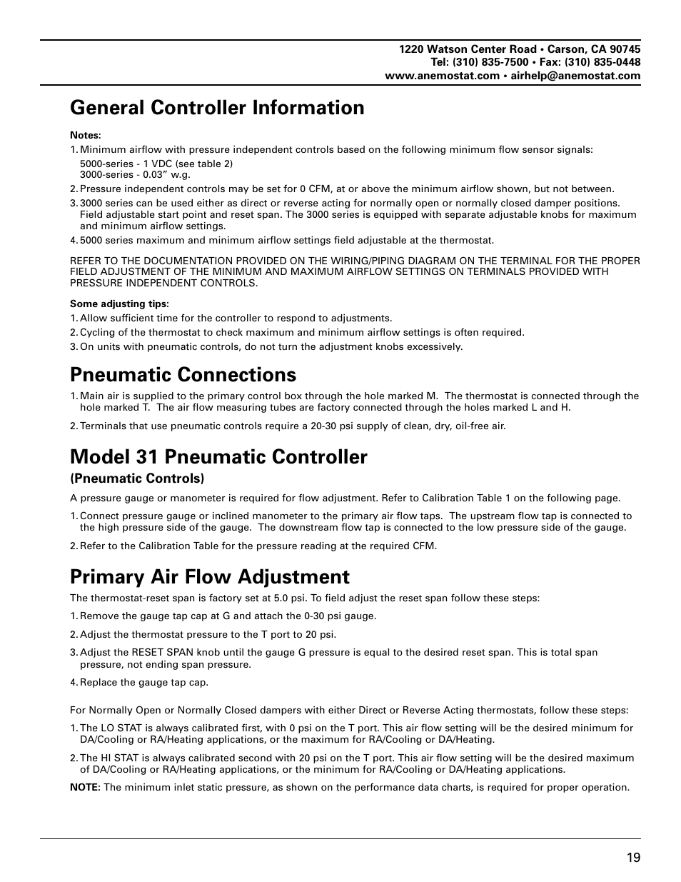 General controller information, Pneumatic connections, Model 31 pneumatic controller | Primary air flow adjustment | Anemostat EST User Manual | Page 19 / 34