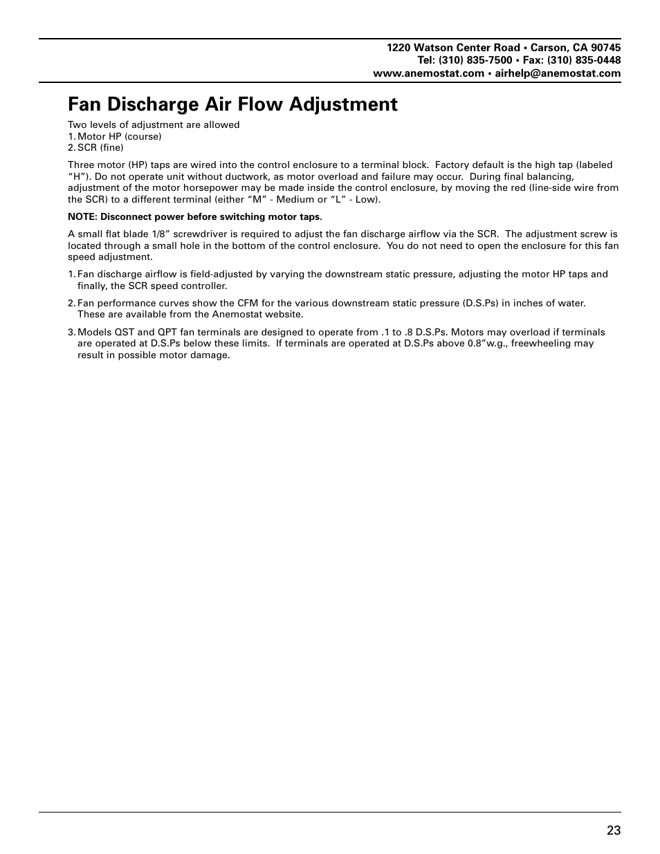 Fan discharge air flow adjustment | Anemostat EST User Manual | Page 23 / 34
