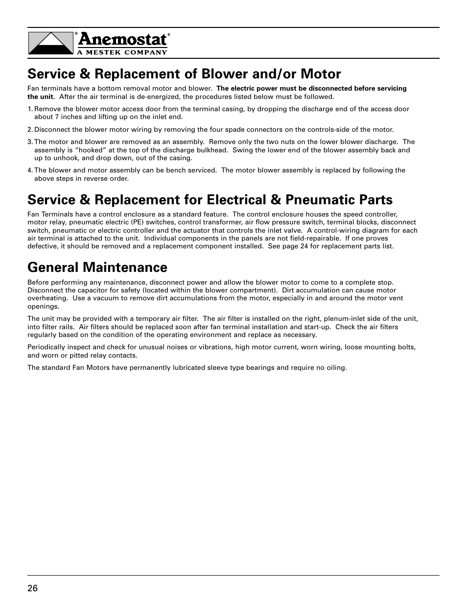 Service & replacement of blower and/or motor, General maintenance | Anemostat EST User Manual | Page 26 / 34
