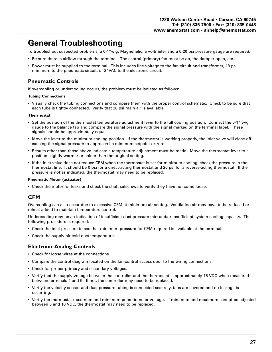 General troubleshooting | Anemostat EST User Manual | Page 27 / 34