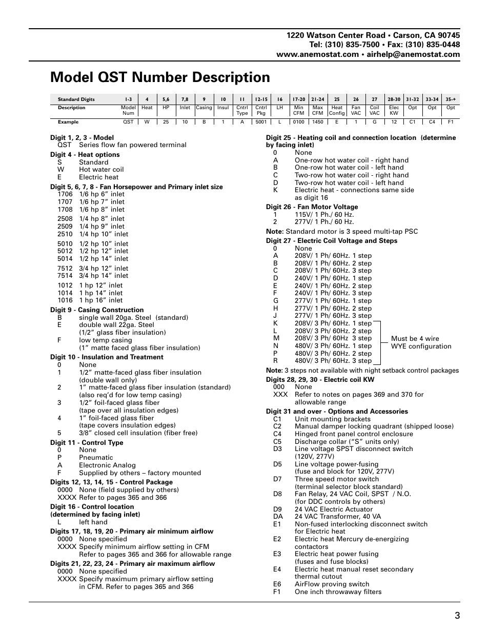 Model qst number description | Anemostat EST User Manual | Page 3 / 34