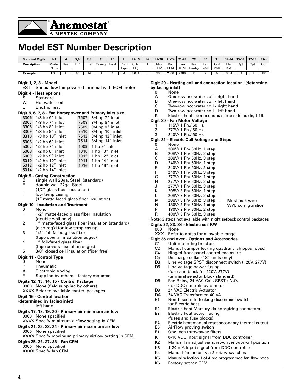 Model est number description | Anemostat EST User Manual | Page 4 / 34