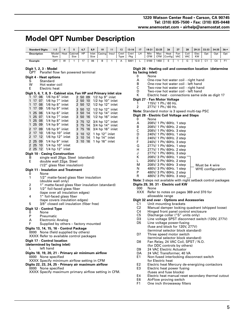 Model qpt number description | Anemostat EST User Manual | Page 5 / 34