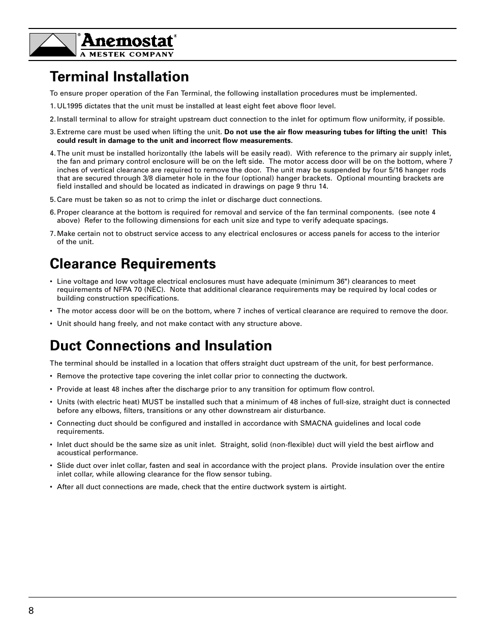 Terminal installation, Clearance requirements, Duct connections and insulation | Anemostat EST User Manual | Page 8 / 34