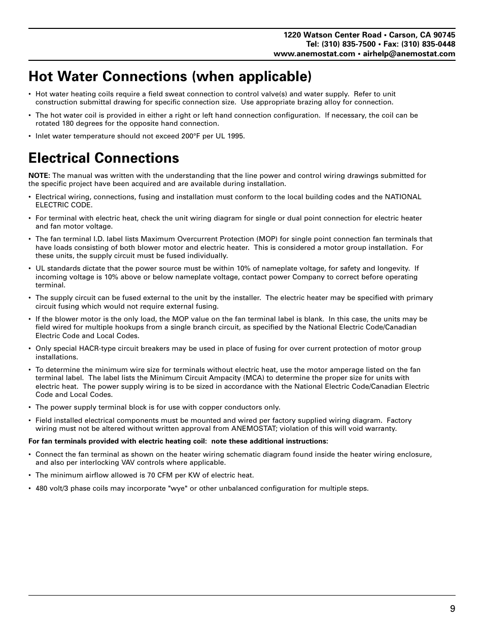 Hot water connections (when applicable), Electrical connections | Anemostat EST User Manual | Page 9 / 34