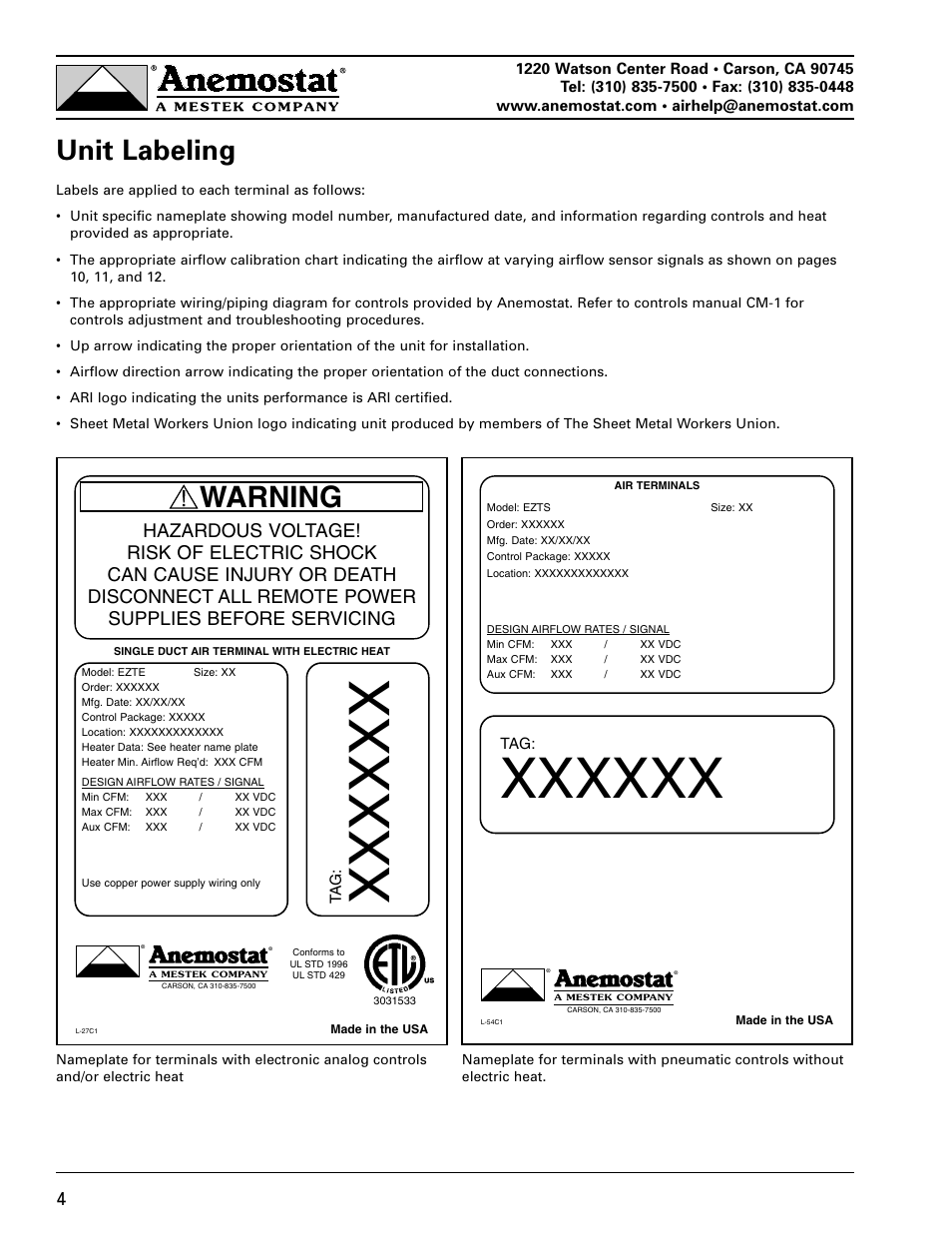 Warning, Unit labeling | Anemostat EZT User Manual | Page 4 / 12