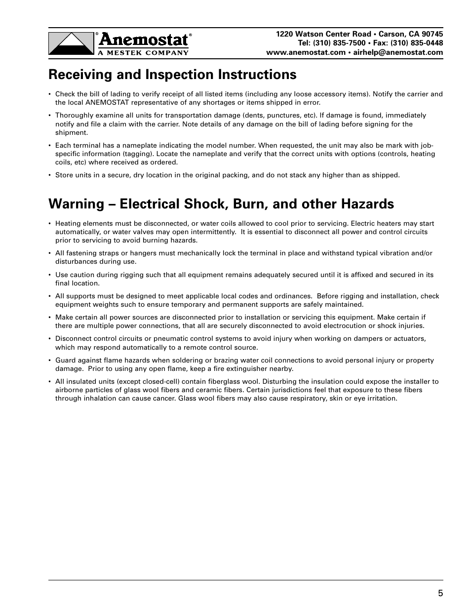 Receiving and inspection instructions | Anemostat EZT User Manual | Page 5 / 12