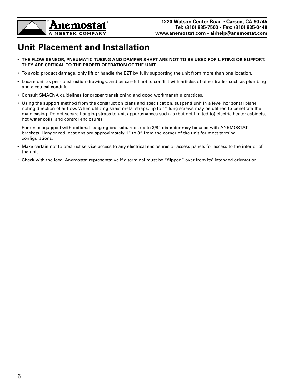 Unit placement and installation | Anemostat EZT User Manual | Page 6 / 12