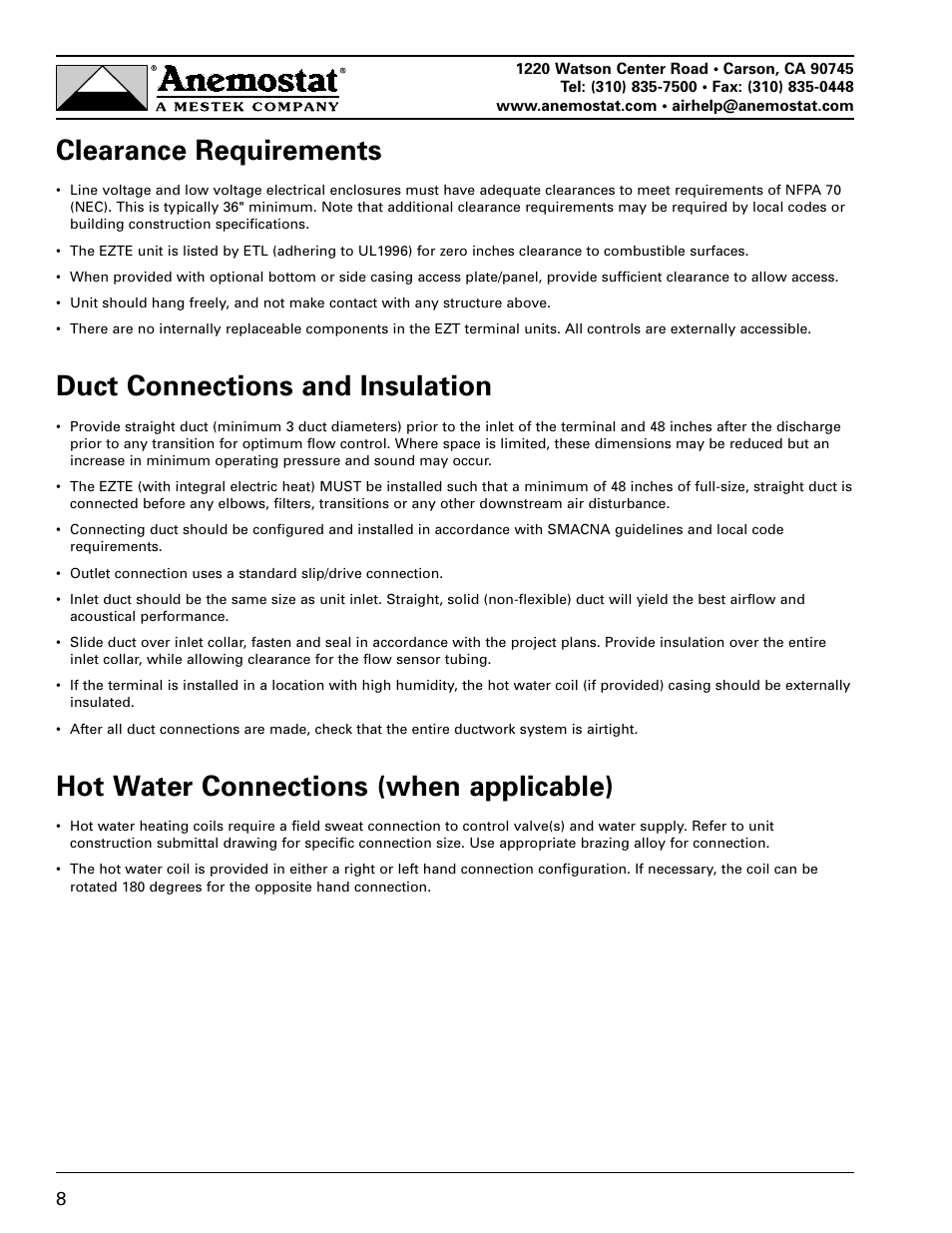 Clearance requirements, Duct connections and insulation, Hot water connections (when applicable) | Anemostat EZT User Manual | Page 8 / 12