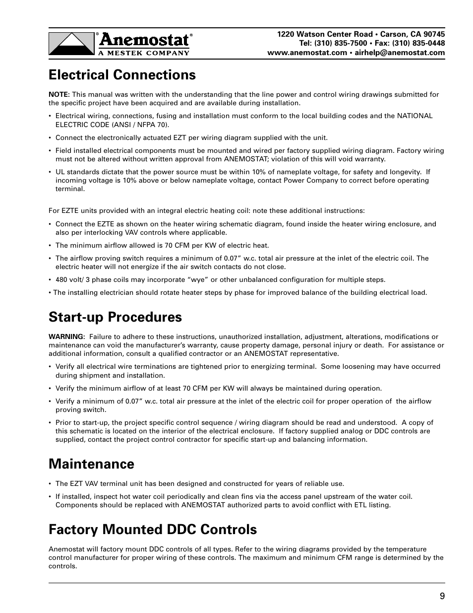 Electrical connections, Start-up procedures, Maintenance | Factory mounted ddc controls | Anemostat EZT User Manual | Page 9 / 12