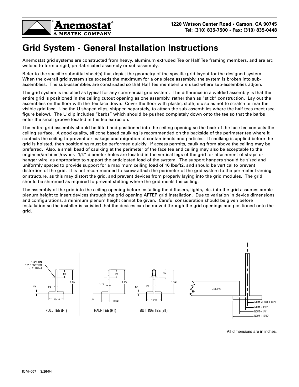 Anemostat THD-1500 User Manual | 1 page