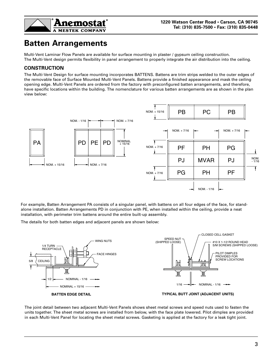 Batten arrangements, Pd pe pd pb pc pb, Pf ph pg pj mvar pj pg ph pf | Construction | Anemostat HCR User Manual | Page 3 / 7