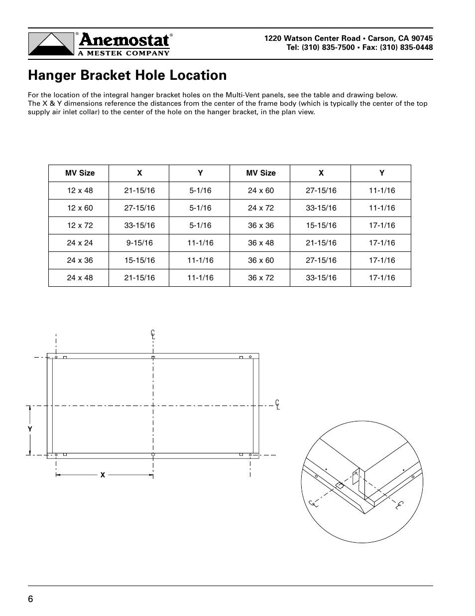 Hanger bracket hole location | Anemostat HCR User Manual | Page 6 / 7