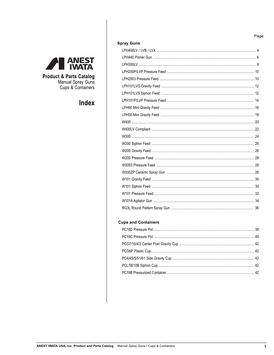Index, Product & parts catalog | Anest Iwata Manual Spray Guns_Cups & Containers User Manual | Page 3 / 48
