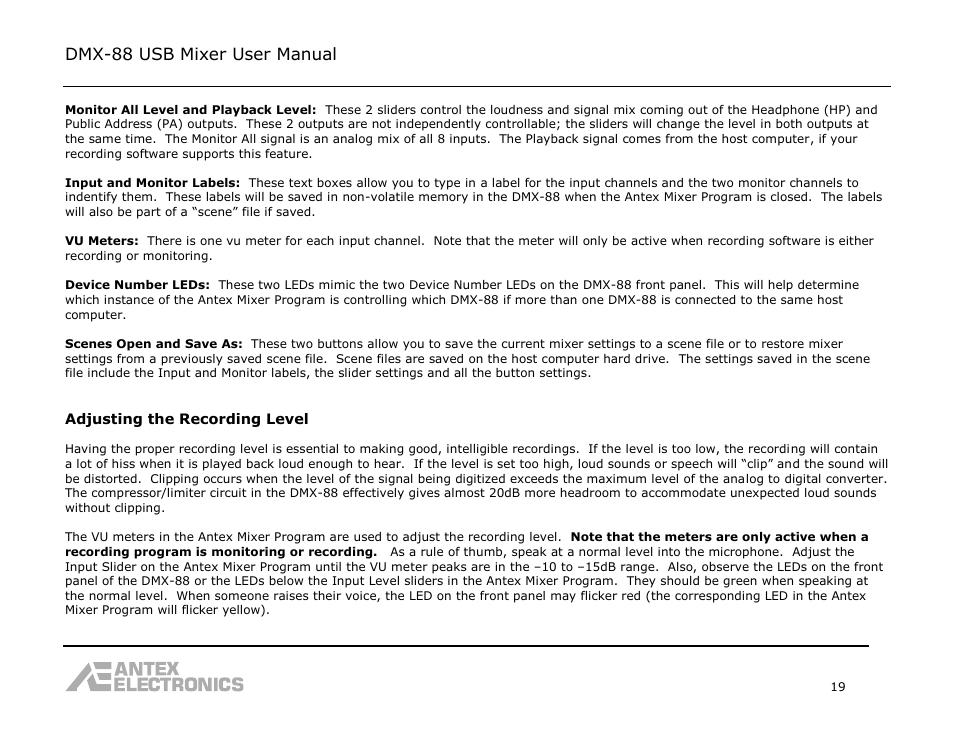 Dmx-88 usb mixer user manual | Antex Electronics DMX-88 USB Recording Mixer User Manual | Page 19 / 26