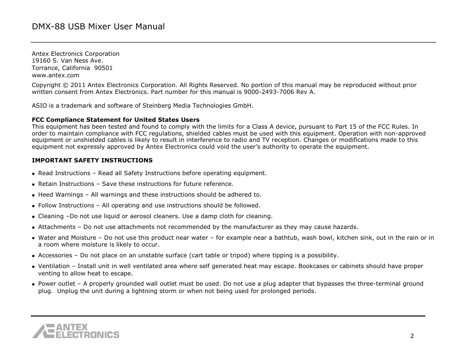 Dmx-88 usb mixer user manual | Antex Electronics DMX-88 USB Recording Mixer User Manual | Page 2 / 26