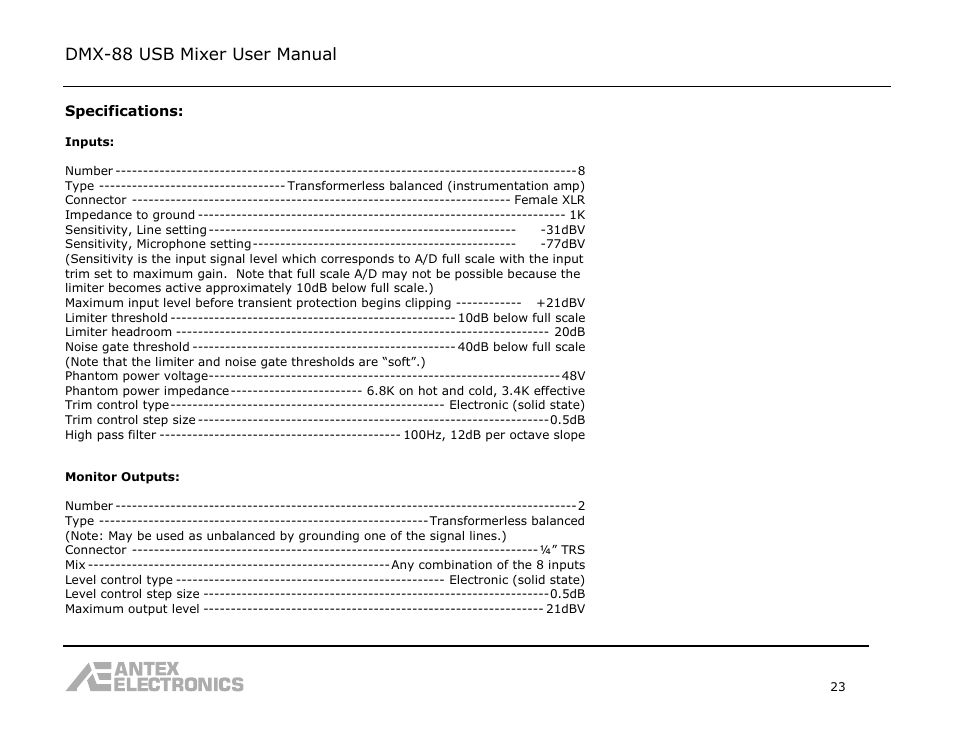 Dmx-88 usb mixer user manual | Antex Electronics DMX-88 USB Recording Mixer User Manual | Page 23 / 26