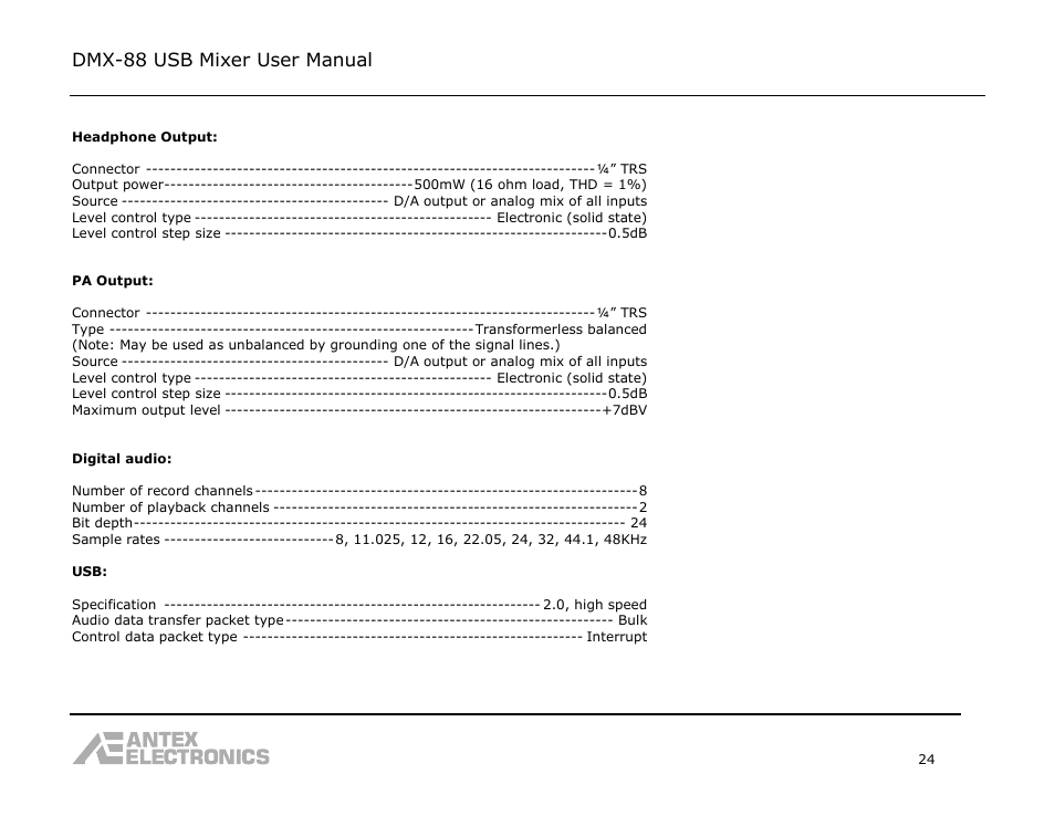 Dmx-88 usb mixer user manual | Antex Electronics DMX-88 USB Recording Mixer User Manual | Page 24 / 26