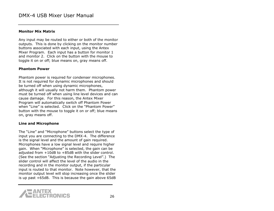 Dmx-4 usb mixer user manual | Antex Electronics DMX-4 USB Recording Mixer User Manual | Page 28 / 36