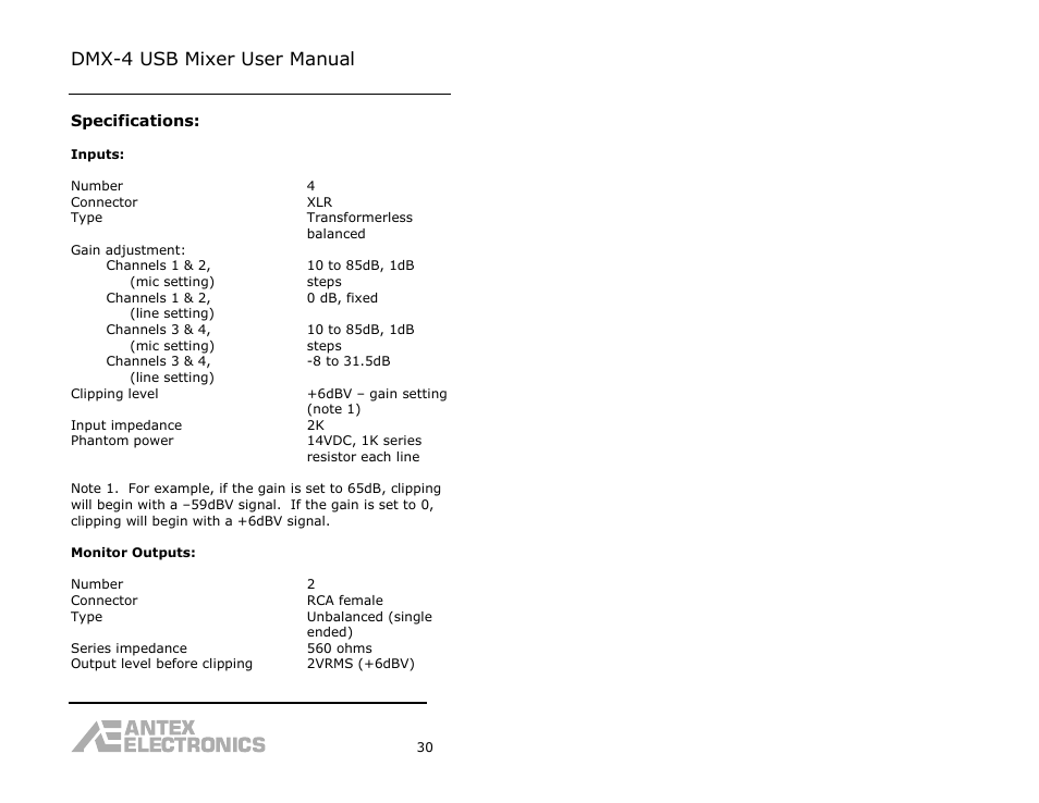 Dmx-4 usb mixer user manual | Antex Electronics DMX-4 USB Recording Mixer User Manual | Page 32 / 36