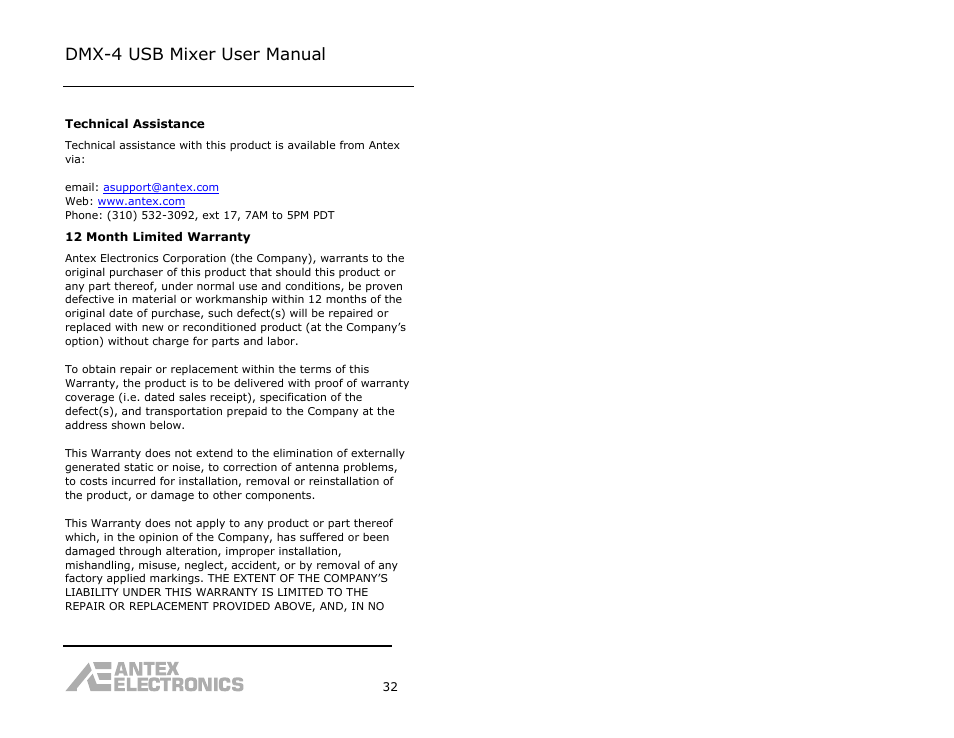 Dmx-4 usb mixer user manual | Antex Electronics DMX-4 USB Recording Mixer User Manual | Page 34 / 36