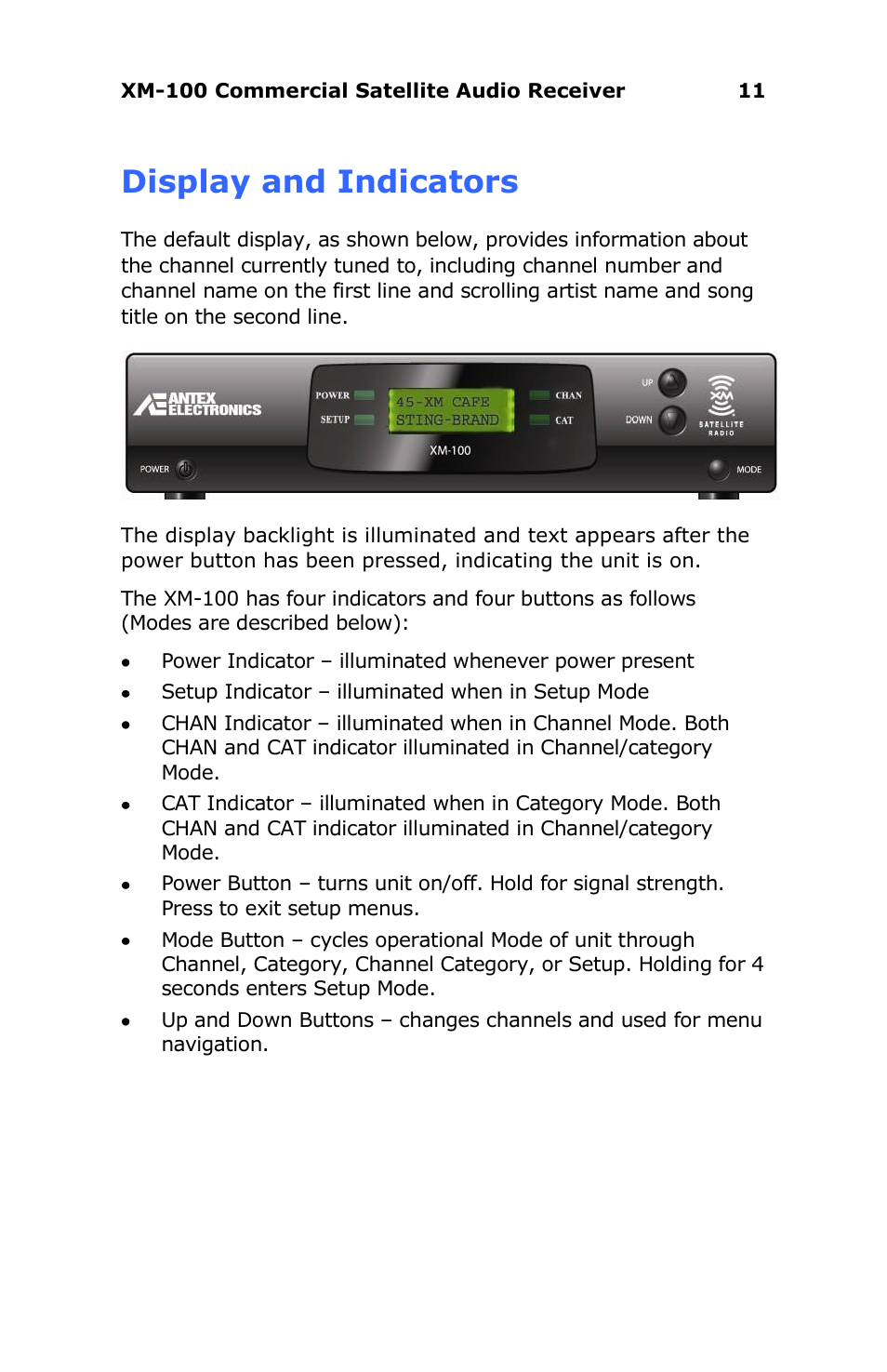 Display and indicators, Tuning modes | Antex Electronics XM-100 Commercial XM Satellite Radio User Manual | Page 11 / 27