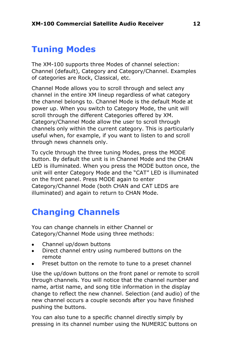 Changing channels, Tuning modes | Antex Electronics XM-100 Commercial XM Satellite Radio User Manual | Page 12 / 27