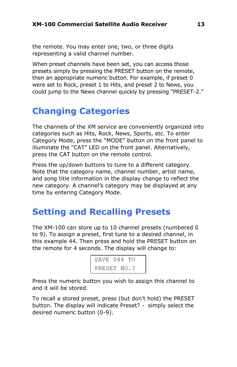 Changing categories, Setting and recalling presets | Antex Electronics XM-100 Commercial XM Satellite Radio User Manual | Page 13 / 27