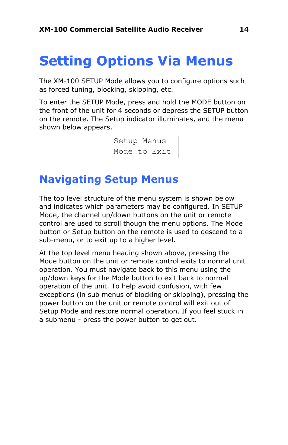 Setting options via menus, Navigating setup menus | Antex Electronics XM-100 Commercial XM Satellite Radio User Manual | Page 14 / 27