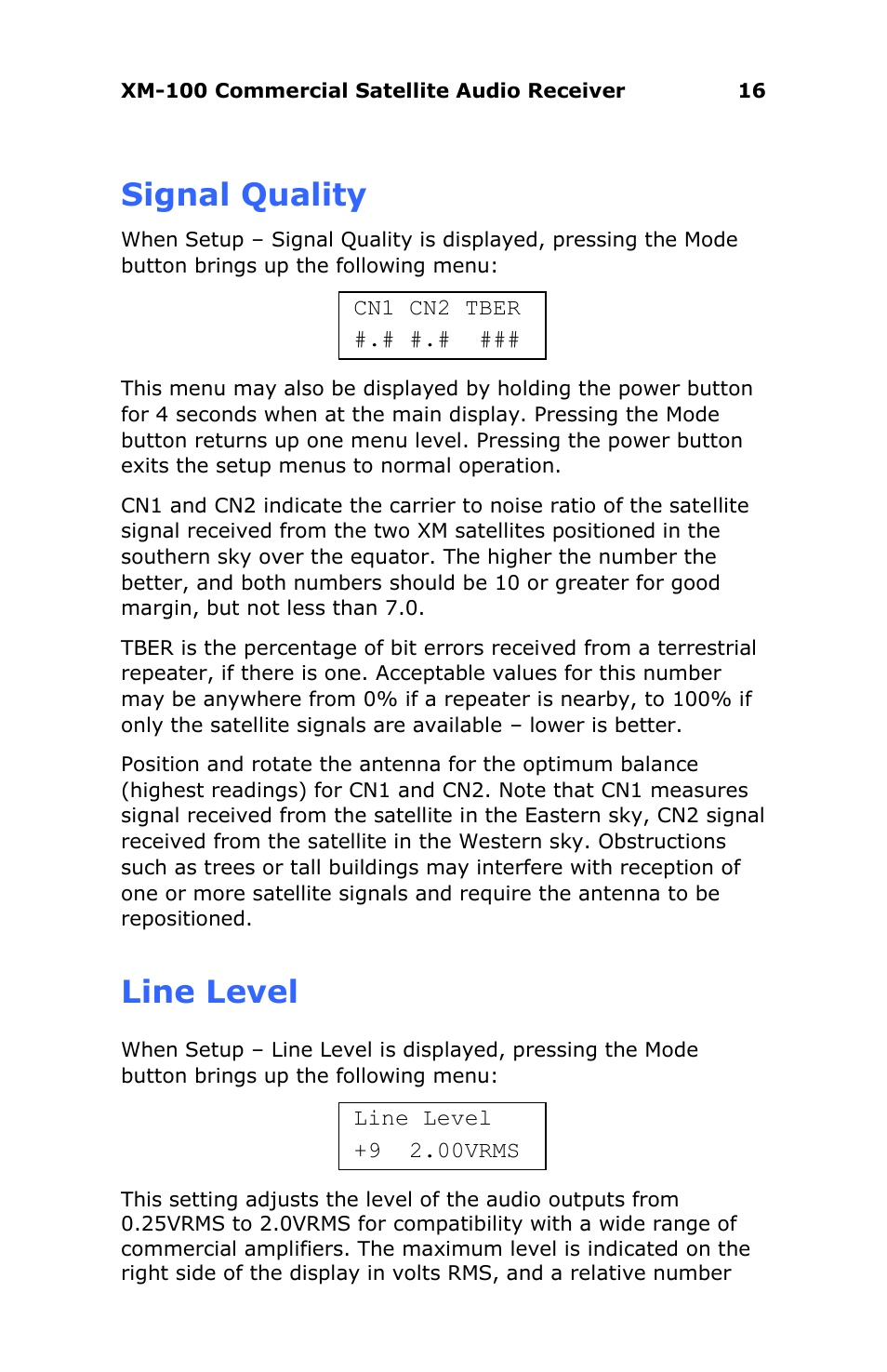 Signal quality, Line level | Antex Electronics XM-100 Commercial XM Satellite Radio User Manual | Page 16 / 27