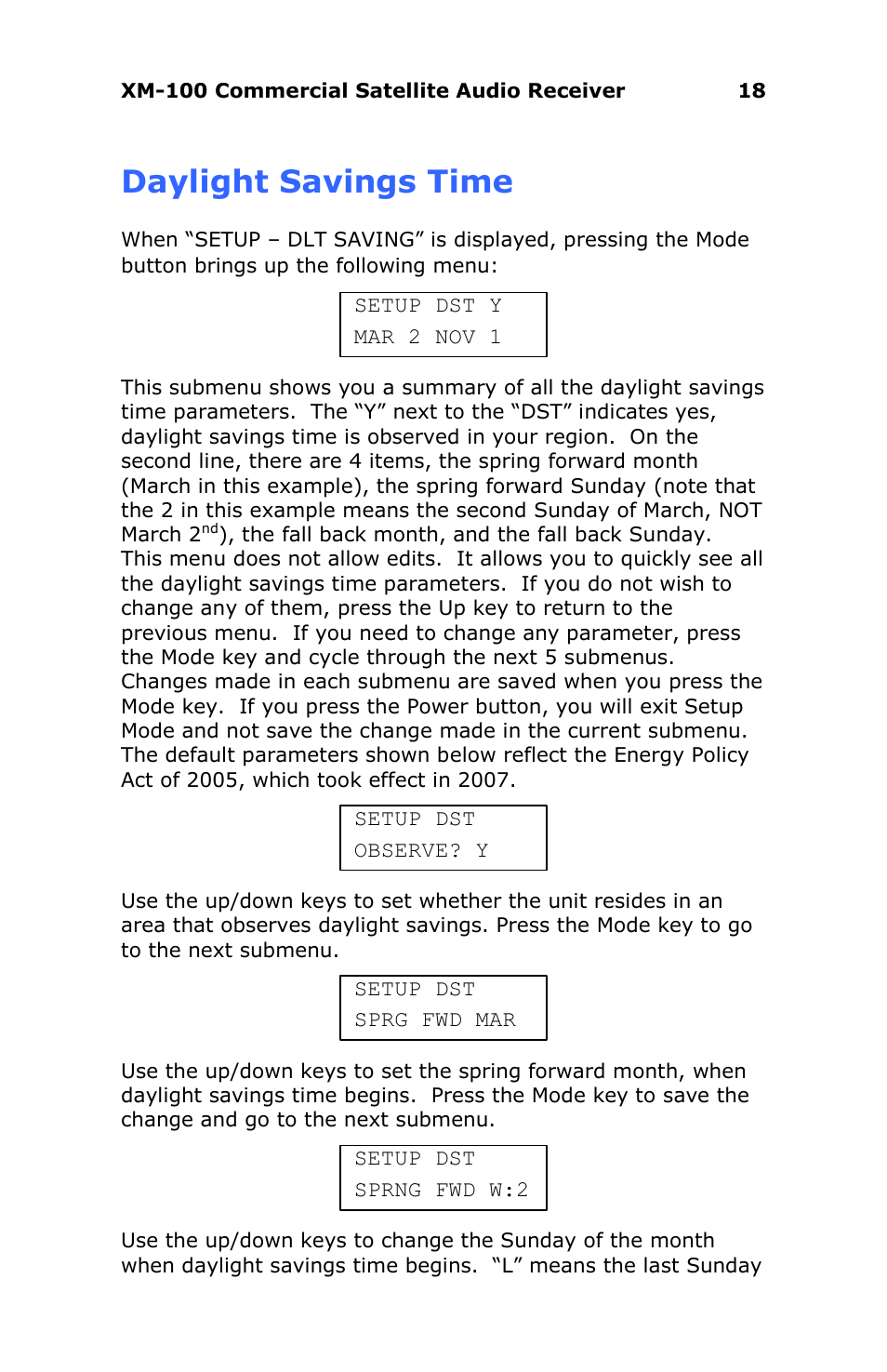 Daylight savings observation, Daylight savings time | Antex Electronics XM-100 Commercial XM Satellite Radio User Manual | Page 18 / 27