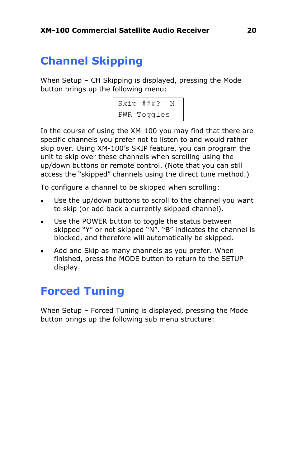 Channel skipping, Forced tuning | Antex Electronics XM-100 Commercial XM Satellite Radio User Manual | Page 20 / 27