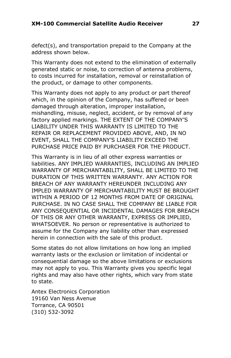 Antex Electronics XM-100 Commercial XM Satellite Radio User Manual | Page 27 / 27