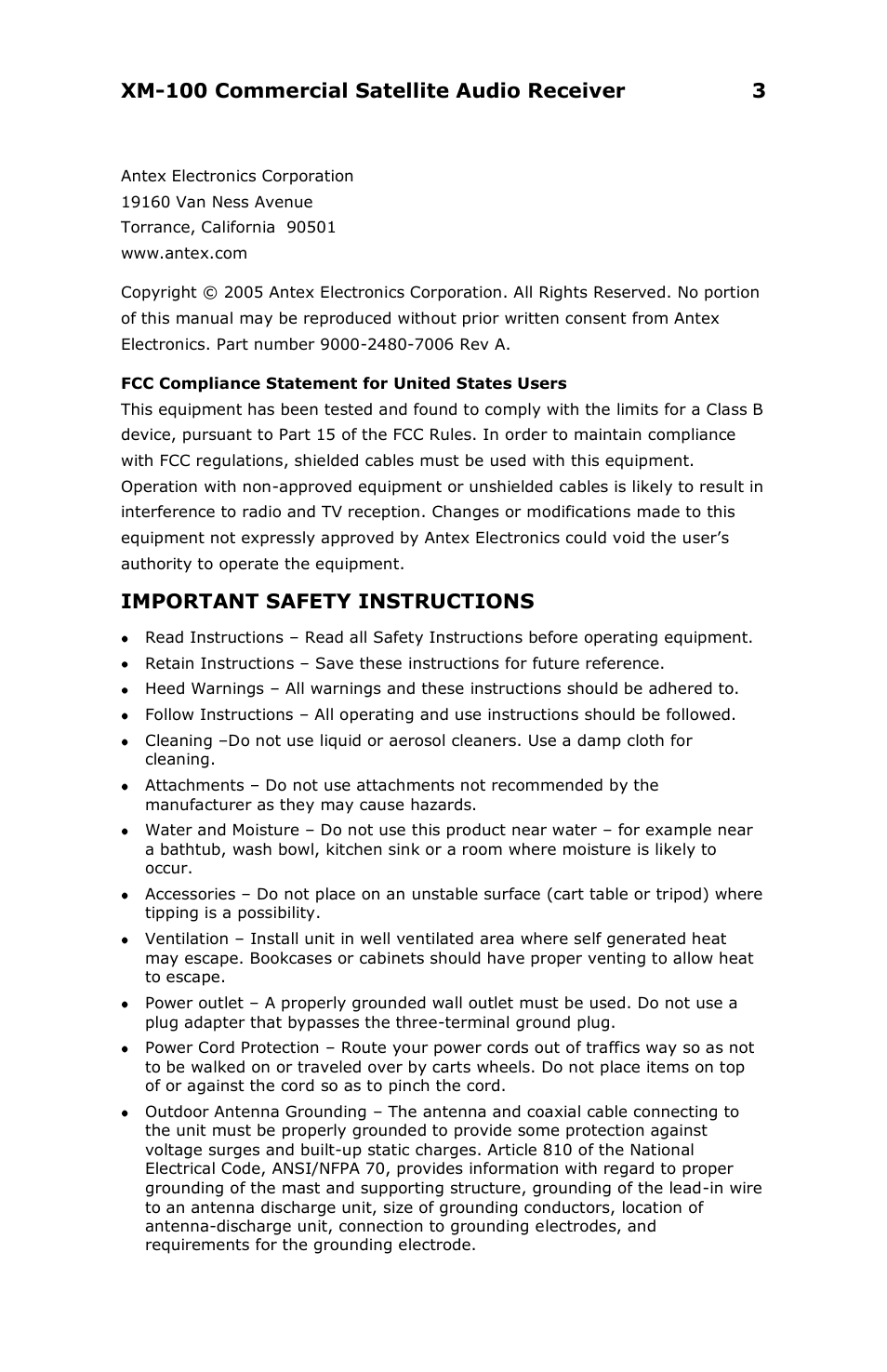 Xm-100 commercial satellite audio receiver 3, Important safety instructions | Antex Electronics XM-100 Commercial XM Satellite Radio User Manual | Page 3 / 27