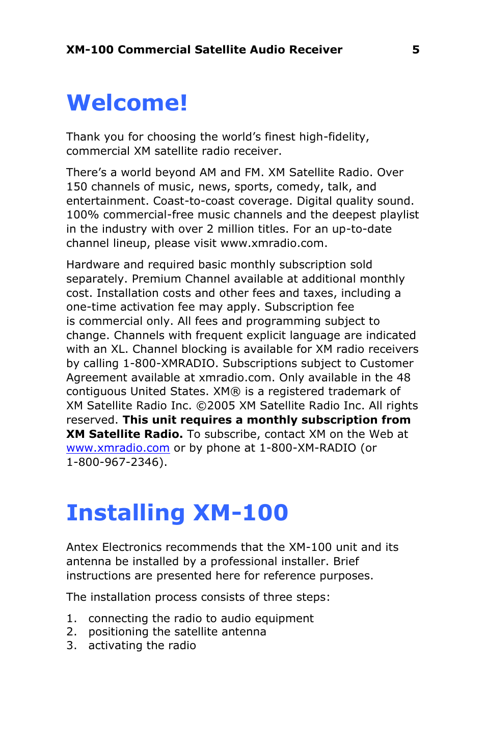 Welcome, Installing xm-100 | Antex Electronics XM-100 Commercial XM Satellite Radio User Manual | Page 5 / 27