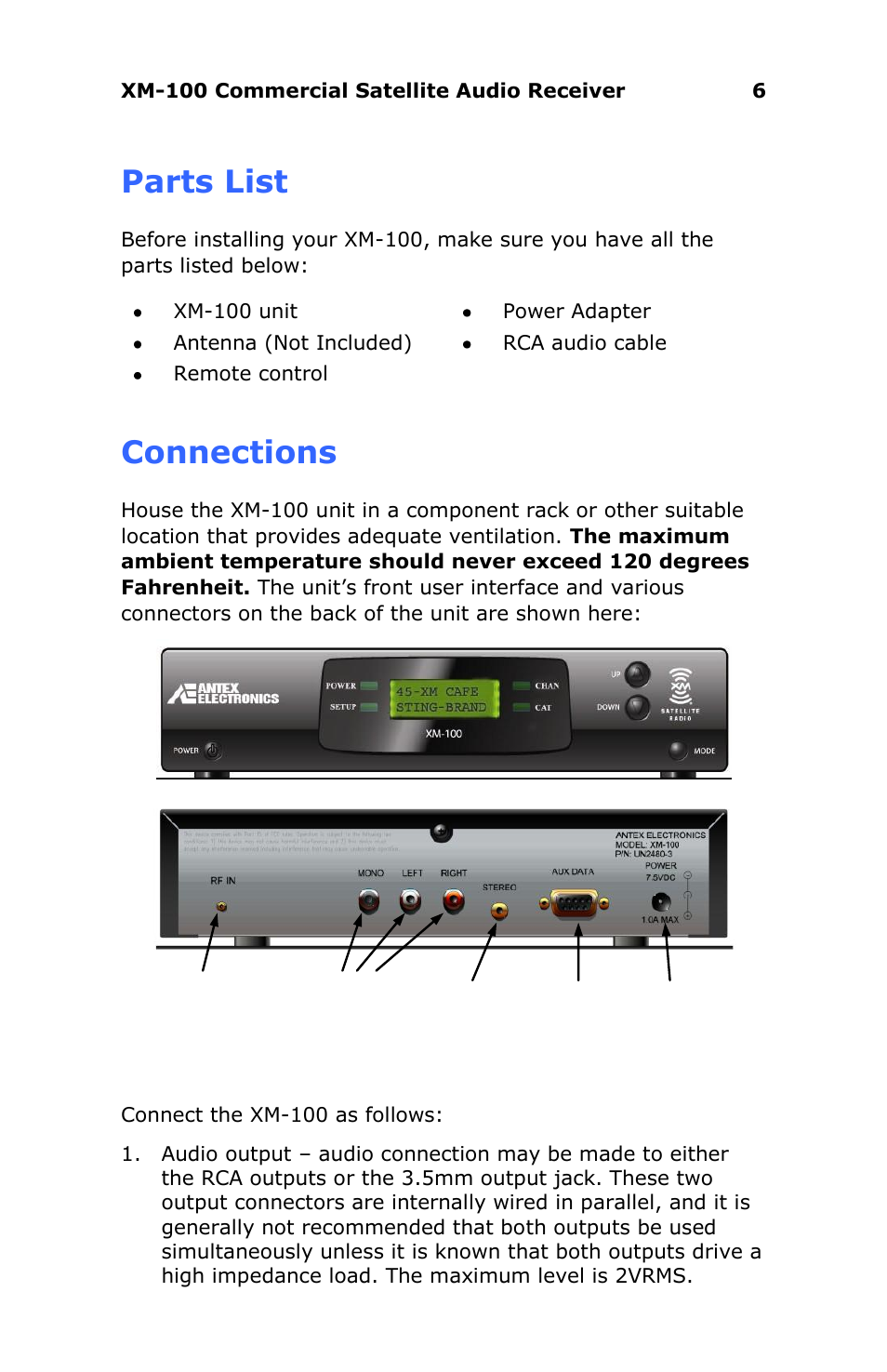 Parts list, Connections | Antex Electronics XM-100 Commercial XM Satellite Radio User Manual | Page 6 / 27