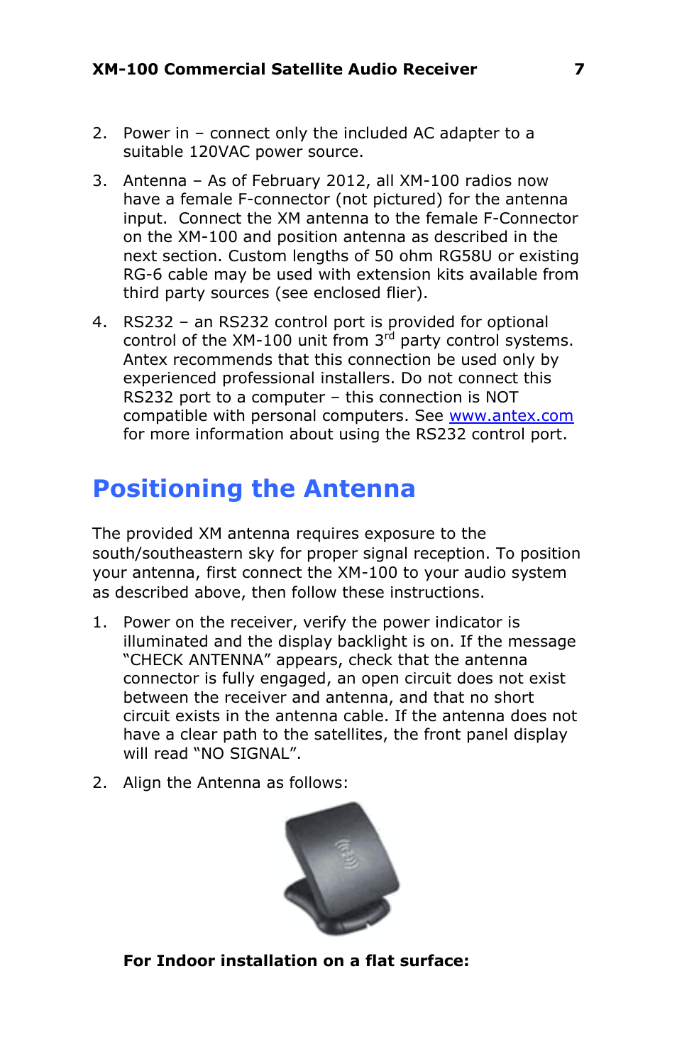 Positioning the antenna | Antex Electronics XM-100 Commercial XM Satellite Radio User Manual | Page 7 / 27