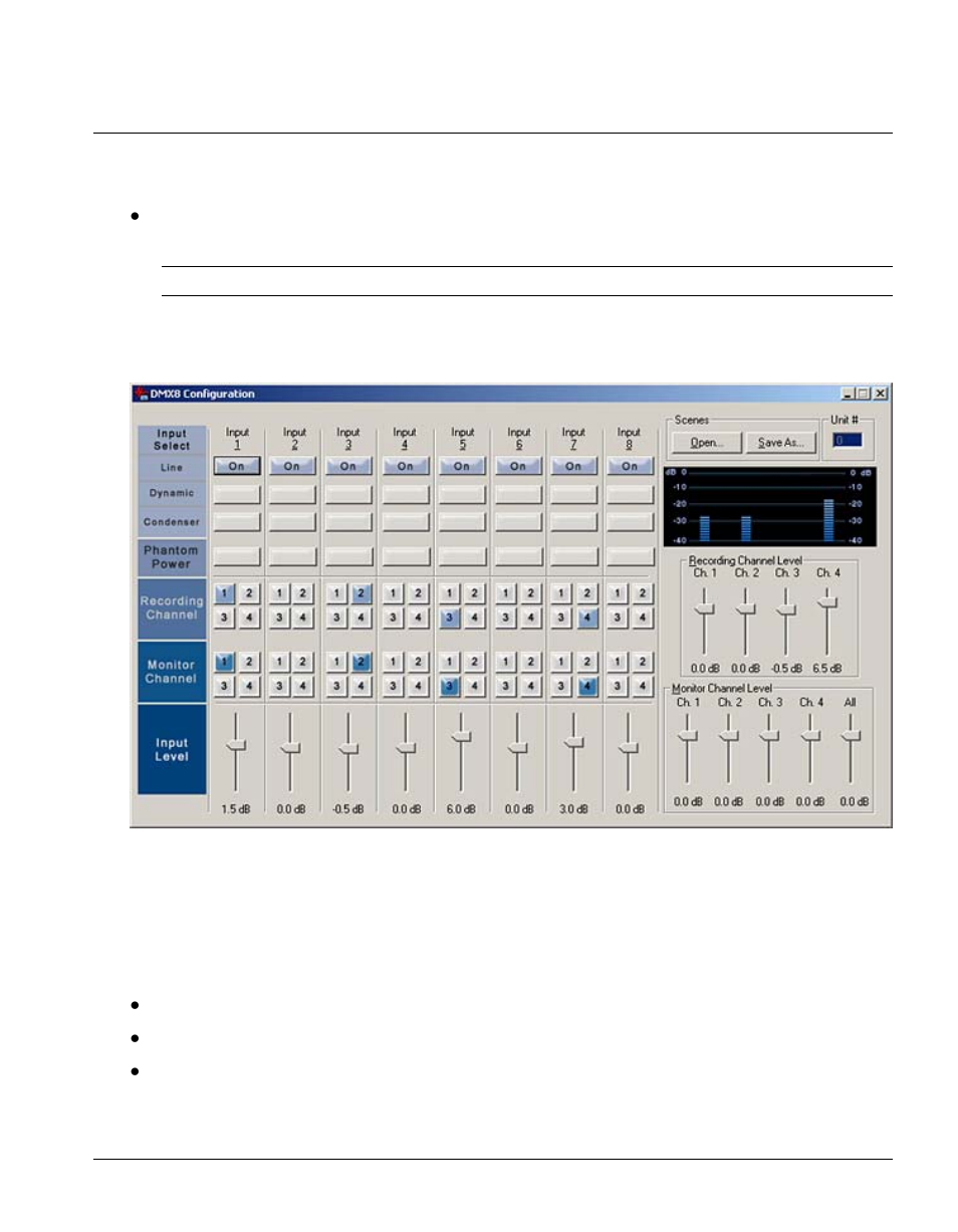 Configuring the dmx8 usb mixer, Controls, Settings | Input select | Antex Electronics DMX8 USB Mixer User Manual | Page 17 / 31