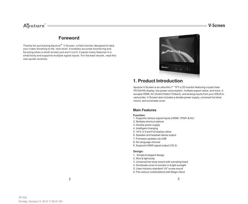 Foreword, Product introduction | Aputure V-Screen VS-1 User Manual | Page 10 / 14