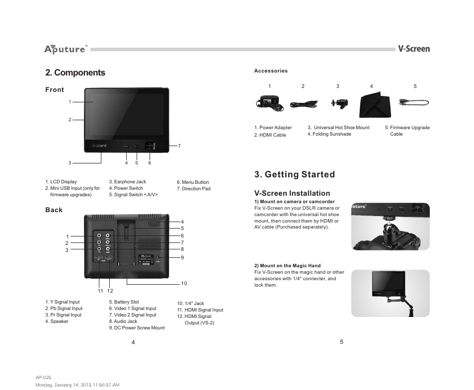 Components, Getting started, V-screen installation | Aputure V-Screen VS-1 User Manual | Page 11 / 14