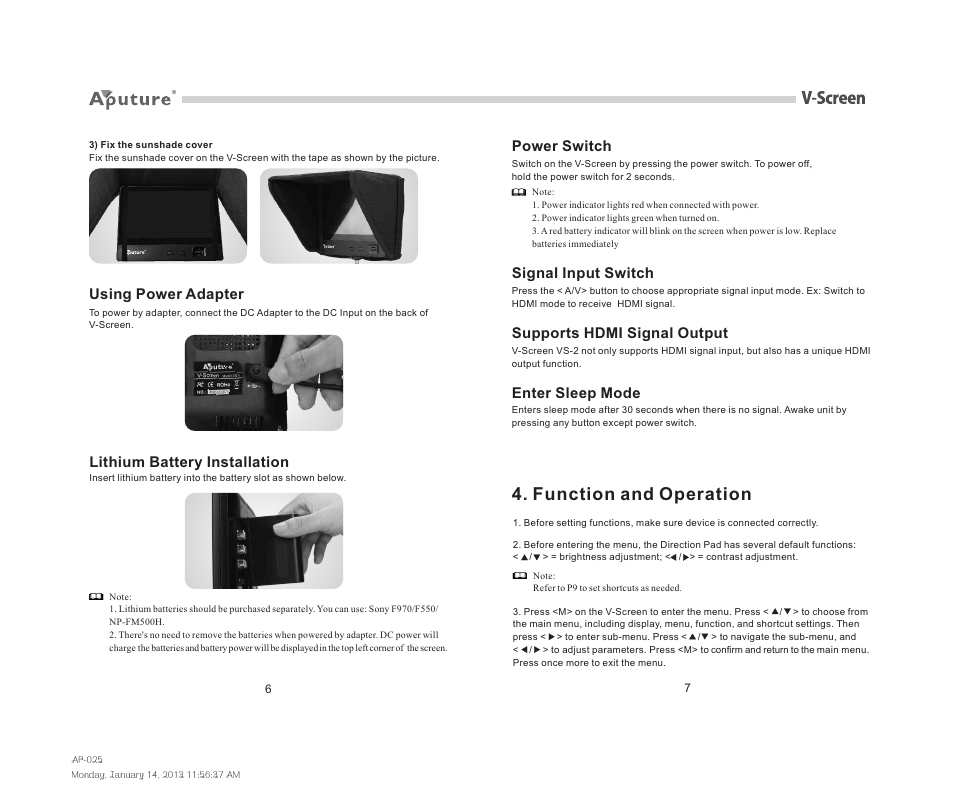 Function and operation | Aputure V-Screen VS-1 User Manual | Page 12 / 14