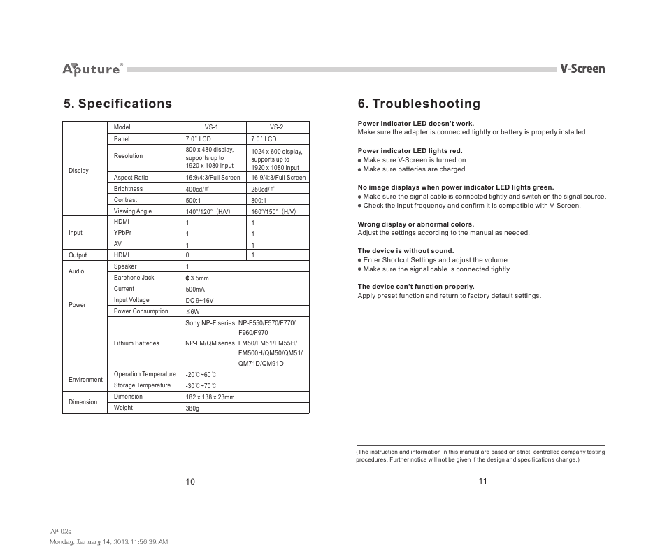 Troubleshooting, Specifications | Aputure V-Screen VS-1 User Manual | Page 14 / 14