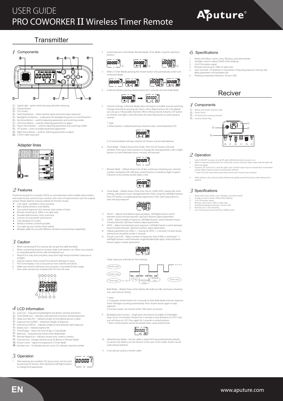 User guide pro coworker ii wireless timer remote, Transmitter reciver, Adapter lines | Aputure Pro Coworker II Timer Remote User Manual | Page 2 / 2