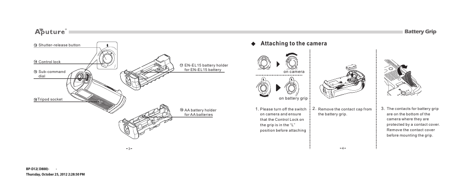 Attaching to the camera | Aputure Battery Grip Compatible With Nikon D800_D800E User Manual | Page 10 / 12