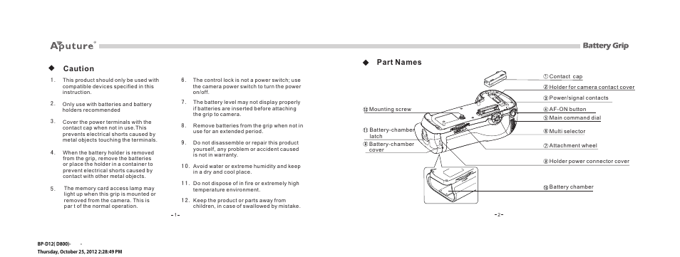 Part names, Caution | Aputure Battery Grip Compatible With Nikon D800_D800E User Manual | Page 9 / 12
