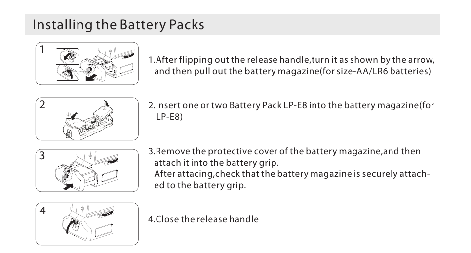 页 16, Installing the battery packs | Aputure Battery Grip 550DL User Manual | Page 16 / 32